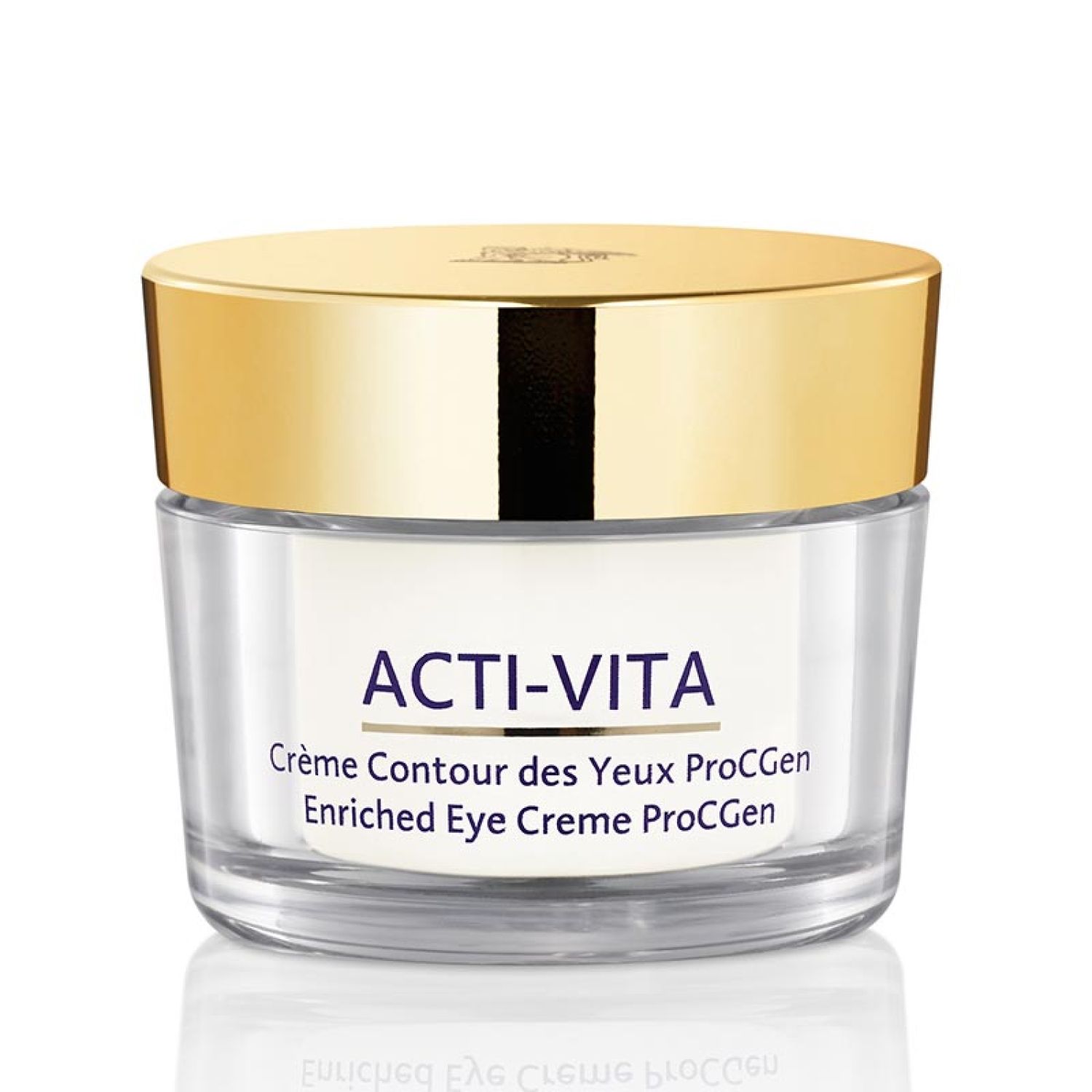 Cremebehälter mit goldenem Deckel. Aufschrift ACTI-VITA, Crème Contour des Yeux ProCGen, Enriched Eye Creme ProCGen.