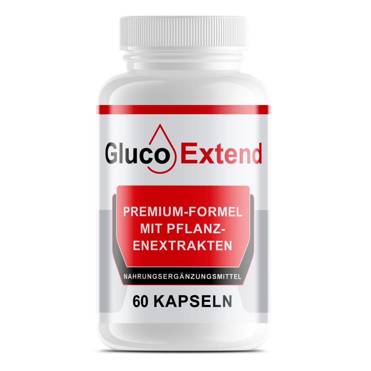 Weiße Flasche mit rotem Etikett. Aufschrift: Gluco Extend, Premium-Formel mit Pflanzenextrakten, 60 Kapseln.