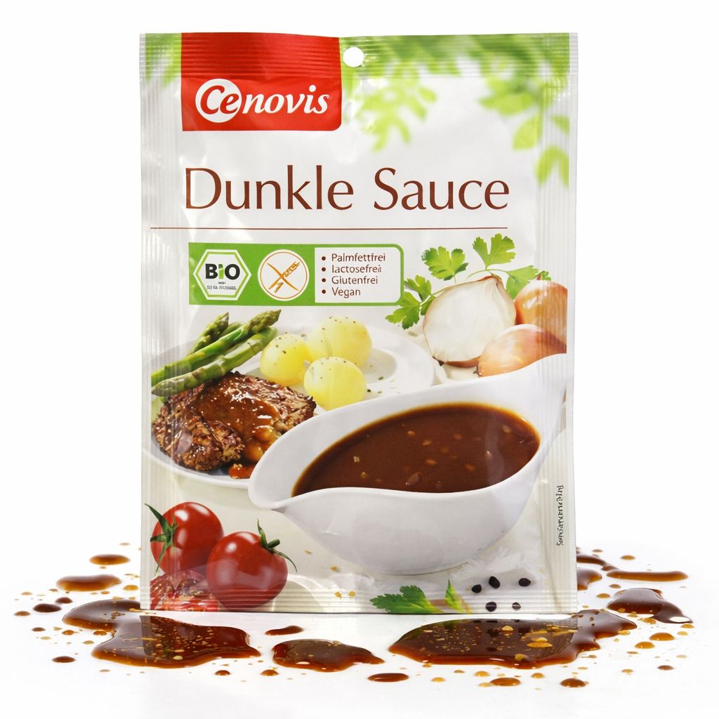 Cenovis Dunkle Sauce Bio glutenfrei Beutel umgeben von verschütteter Sauce.