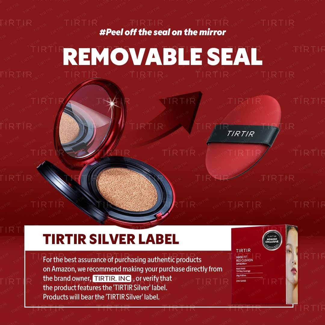 Roter TIRTIR-Cushion-Behälter, Schwamm und Verpackung. Text: 'TIRTIR SILVER LABEL'. Empfehlung für Kauf auf Amazon.