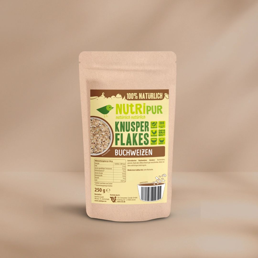 Beutel mit Knusperflakes. Aufdruck mit Produktname, Marke NutriPur und Nährwertangaben. 250g Packung.
