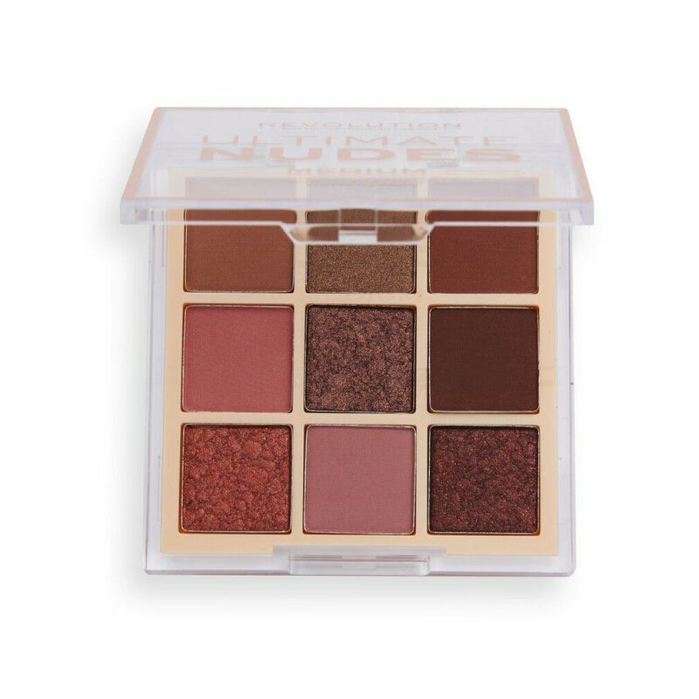 Quadratische Lidschatten-Palette mit neun Farbtönen. Marke: Revolution. Text: Ultimate Nudes, Medium. Transparenter Deckel.