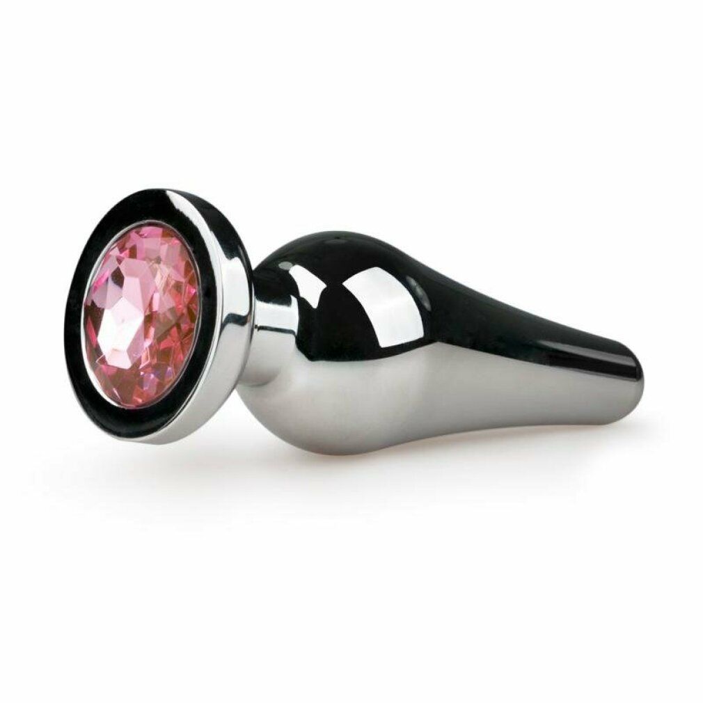 Kegelförmiger Analplug aus Metall mit pinkfarbenem Zierstein. Silberfarbenes Design mit glänzender Oberfläche.