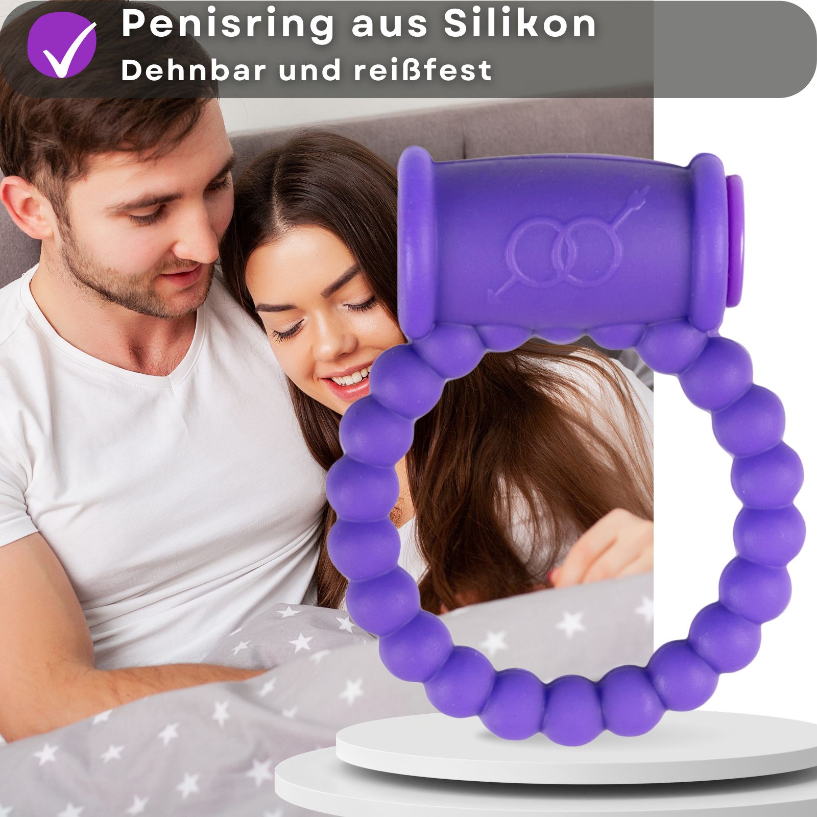 Produktabbildung mit Text. Zeigt einen lila Penisring mit Text: Penisring aus Silikon, dehnbar und reißfest.