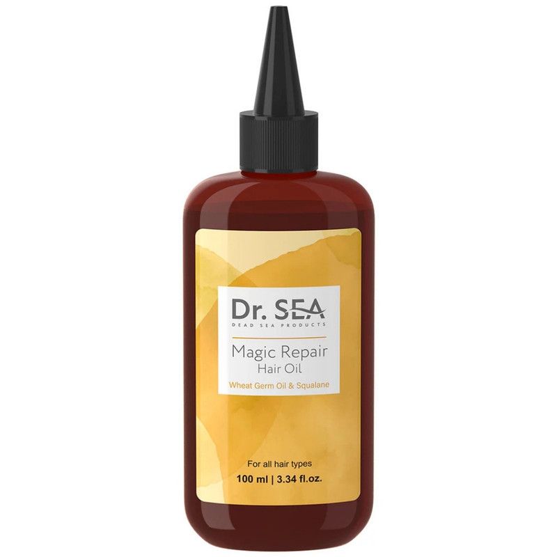 Flacone marrone con applicatore nero. Etichetta con nome del prodotto e marchio: Dr. Sea Magic Repair Hair Oil.