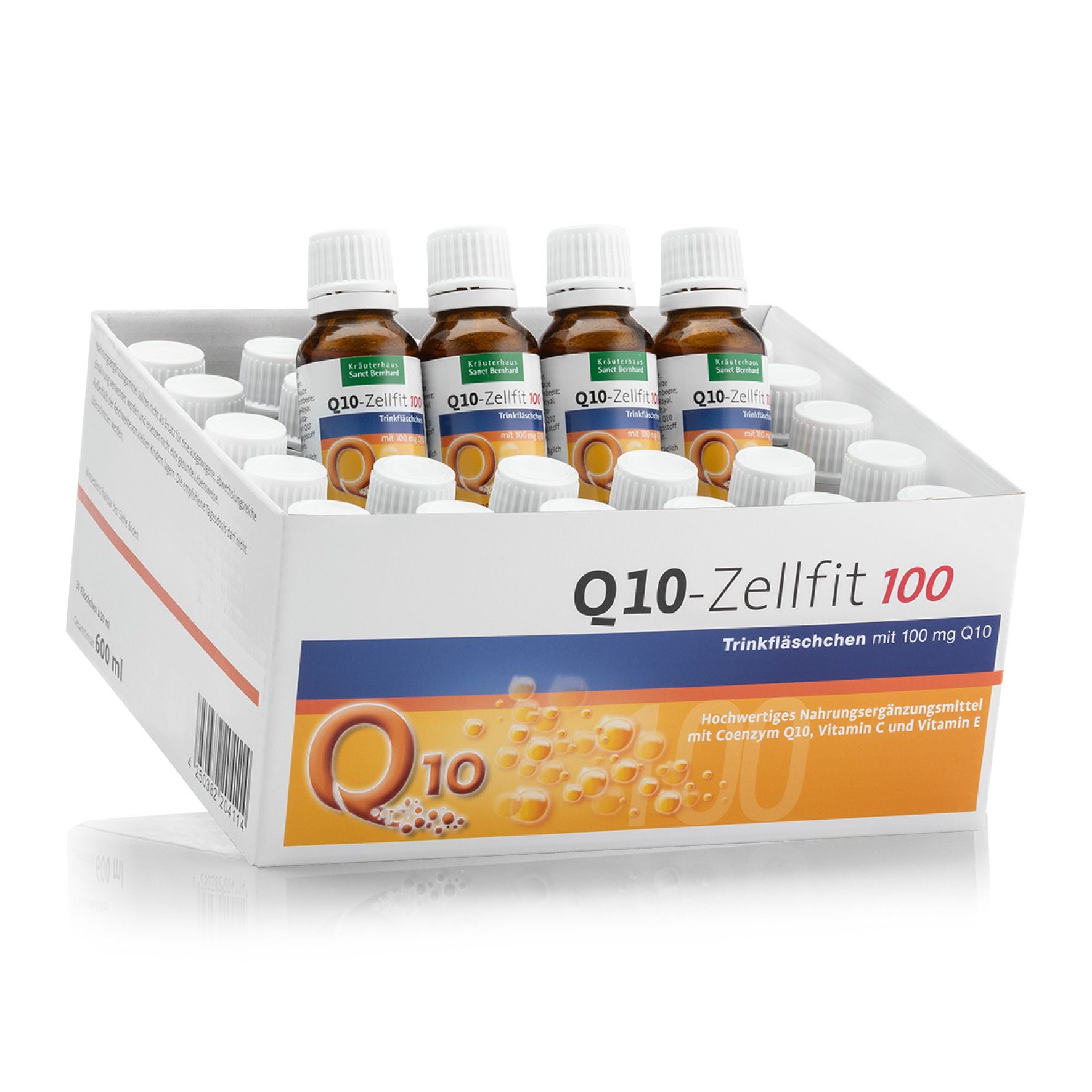 Karton mit Q10-Zellfit Trinkfläschchen. Zeigt eine Schachtel mit mehreren kleinen Fläschchen, beschriftet mit Produktinformationen.