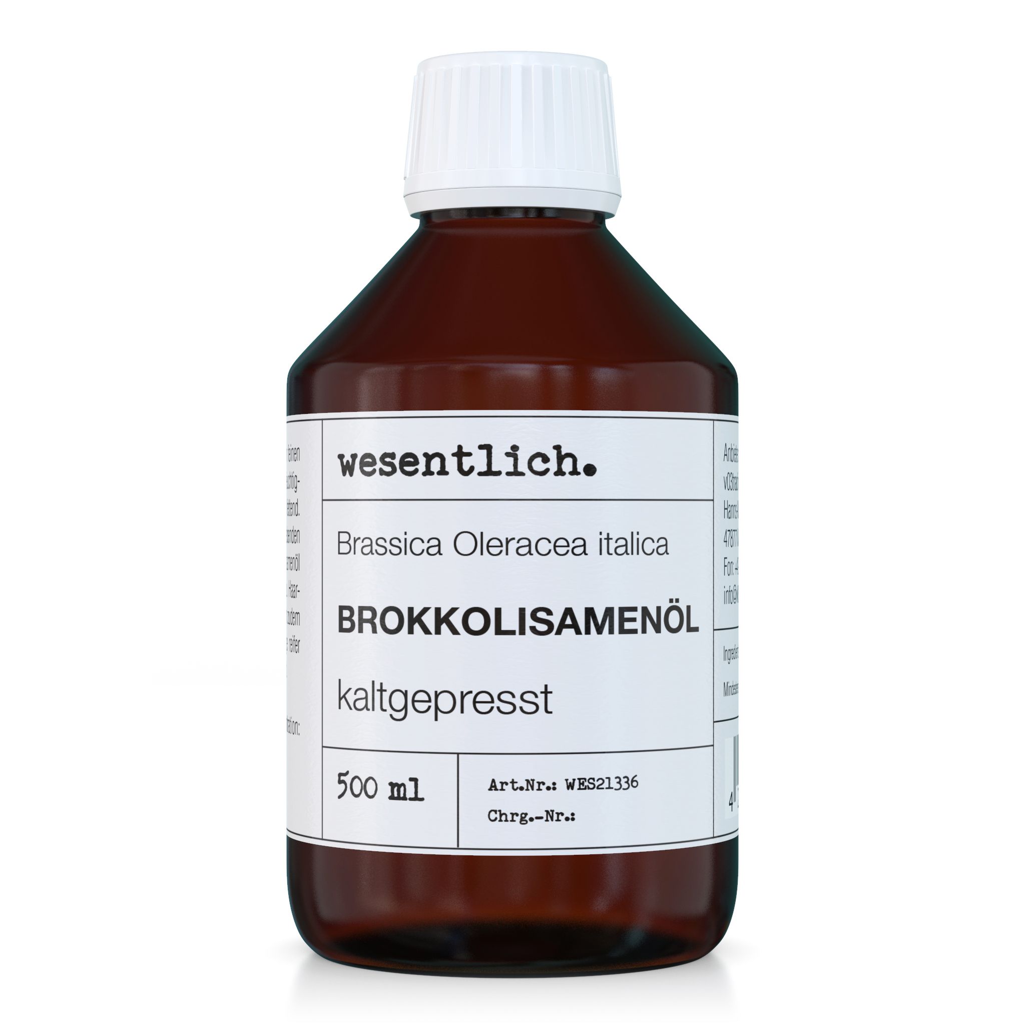 Braune Glasflasche mit weißem Deckel. Etikett mit Produktbezeichnung: Brokkolisamenöl, kaltgepresst. Marke: wesentlich.