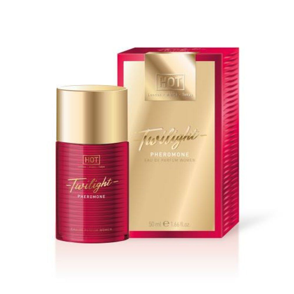 Roter Flakon und Verpackung. Goldener Deckel und goldfarbene Schrift. Aufschrift: Twilight Pheromone Eau de Parfum Women.