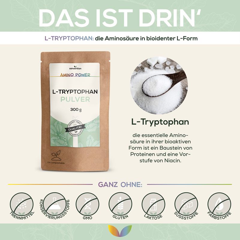 Werbetafel mit Produktabbildung. Braune Tüte mit weißem Etikett: L-Tryptophan Pulver, 300g. Logo: Sanutrition, Amino Power. Text: L-Tryptophan, 300g.
