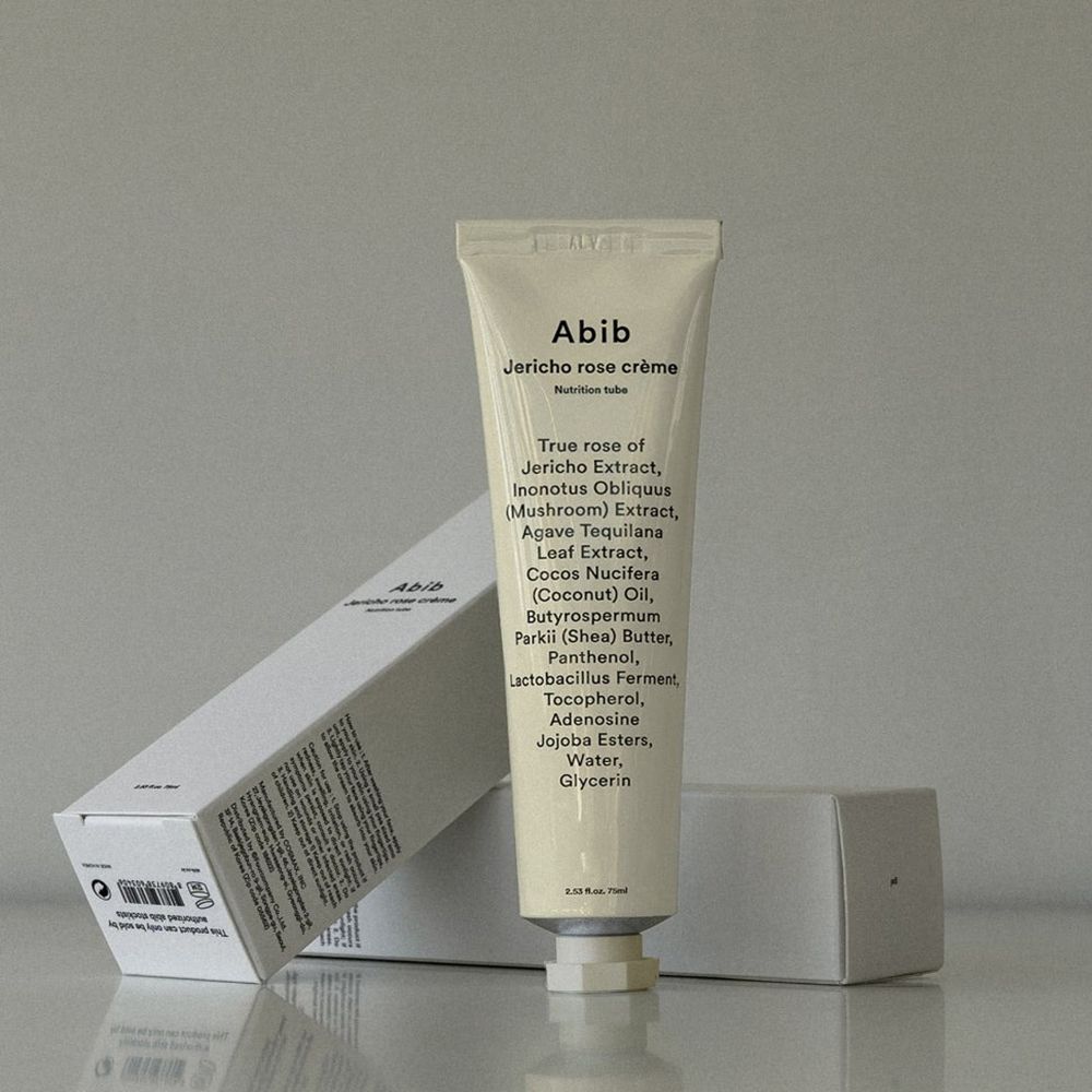 Abib Jericho Rose Crème-Tube und Schachtel. Weißes Design mit schwarzer Schrift. Inhaltsstoffe sind aufgeführt. 75 ml.
