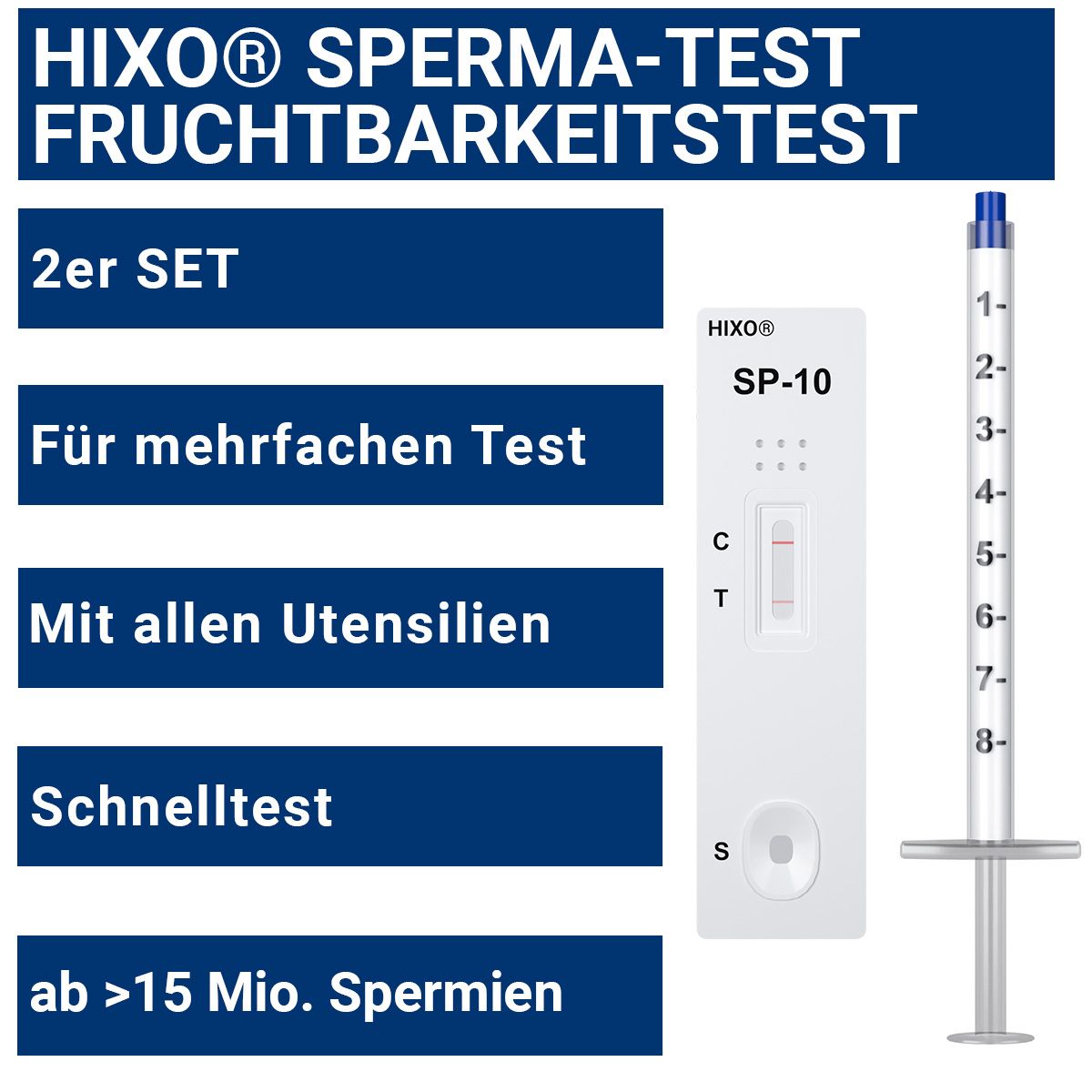 HIXO Sperma-Test Fruchtbarkeitstest. Testkassette, Spritze. Text: 2er SET, Für mehrfachen Test, Mit allen Utensilien, Schnelltest, ab >15 Mio. Spermien.