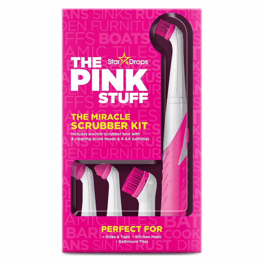 THE PINK STUFF Sonic Scrubber Kit. Enthält elektrischen Reinigungsbürsten-Tool, 4 Bürstenköpfe und Batterien. Verpackung mit Produktansicht.