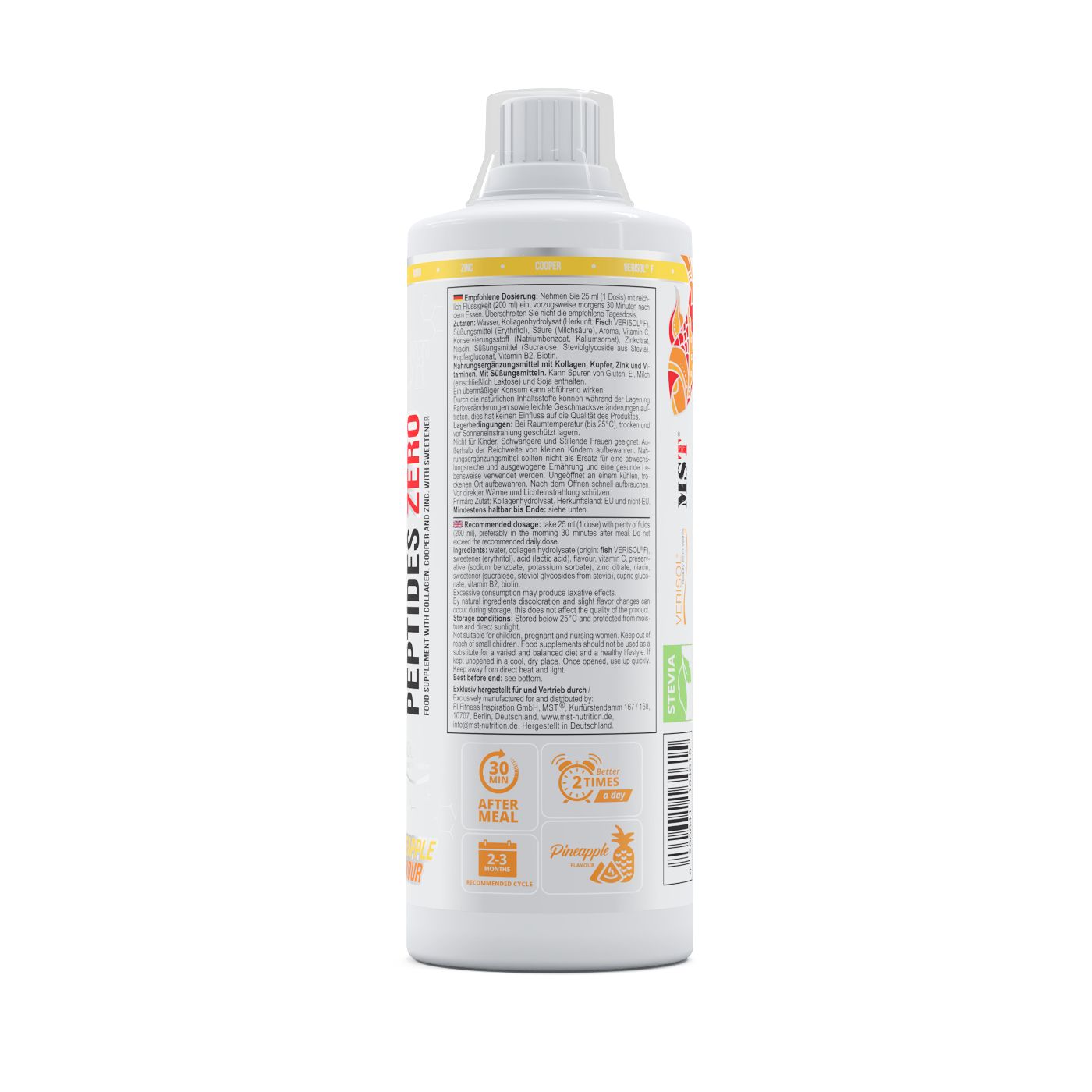 Flasche MST Fish Collagen Peptides Zero mit Hinweisen zur Einnahme und Geschmacksrichtung Ananas.