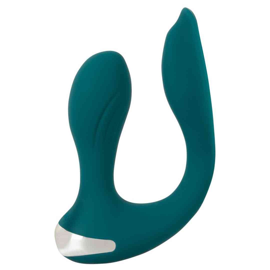Türkisfarbener Vibrator mit gebogener Form und silberfarbenem Akzent.