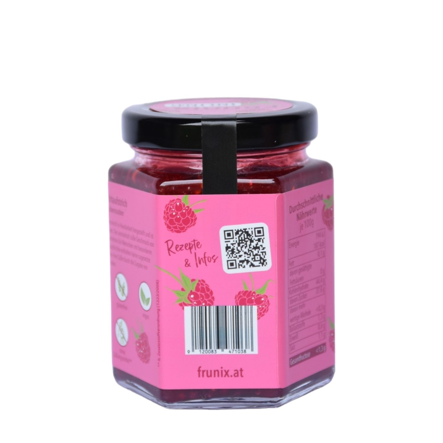 Glas mit Himbeer-Fruchtaufstrich. Rückseite mit rosa Etikett. QR-Code und Barcode. Schwarzer Deckel. Aufschrift: Rezepte & Infos, frunix.at.