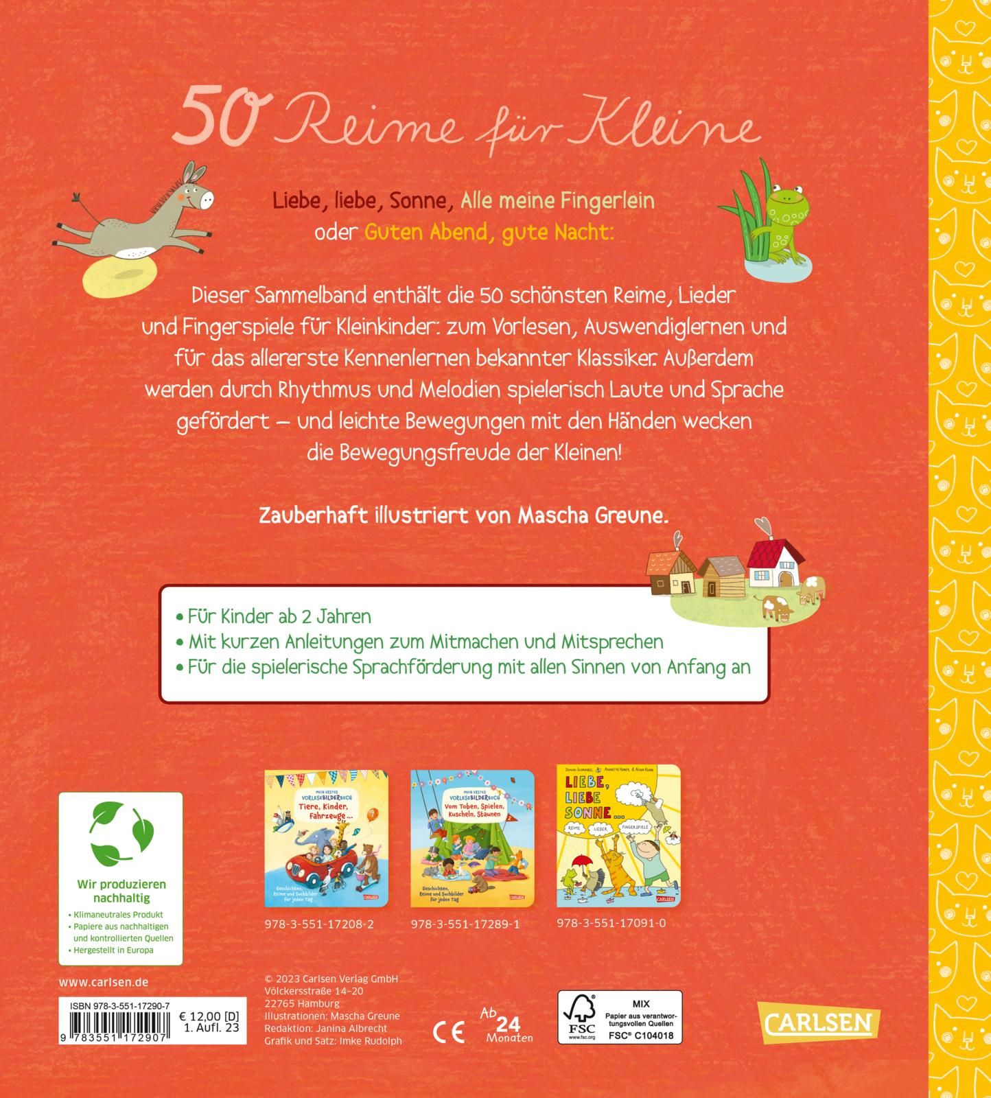 Rückseite des Buches "50 Reime für Kleine". Text, Illustrationen, Verlag Carlsen. FSC-Zertifizierung.
