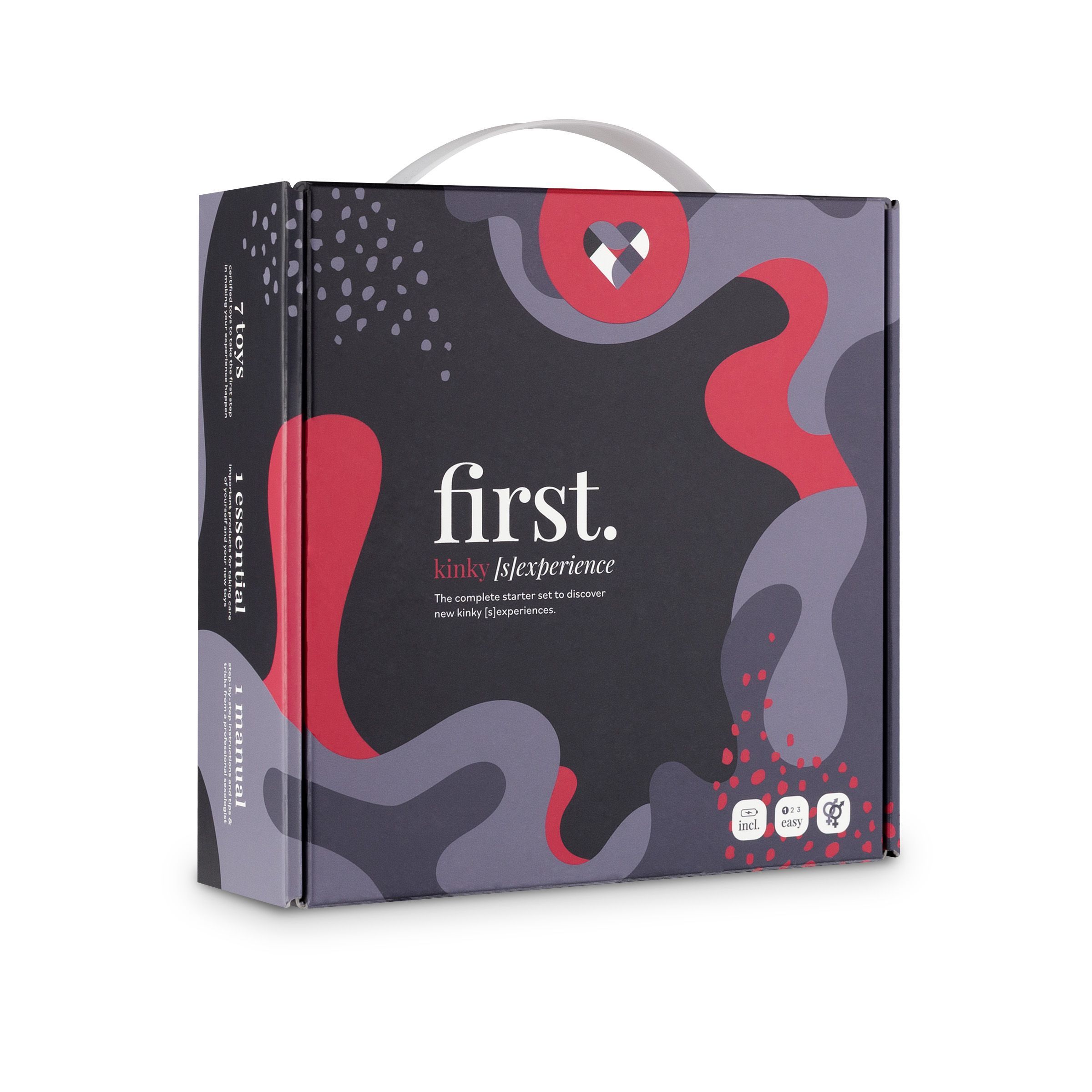 Verpackung mit Tragegriff. Aufschrift: first. kinky |s|experience. Mit Illustrationen und Logos.