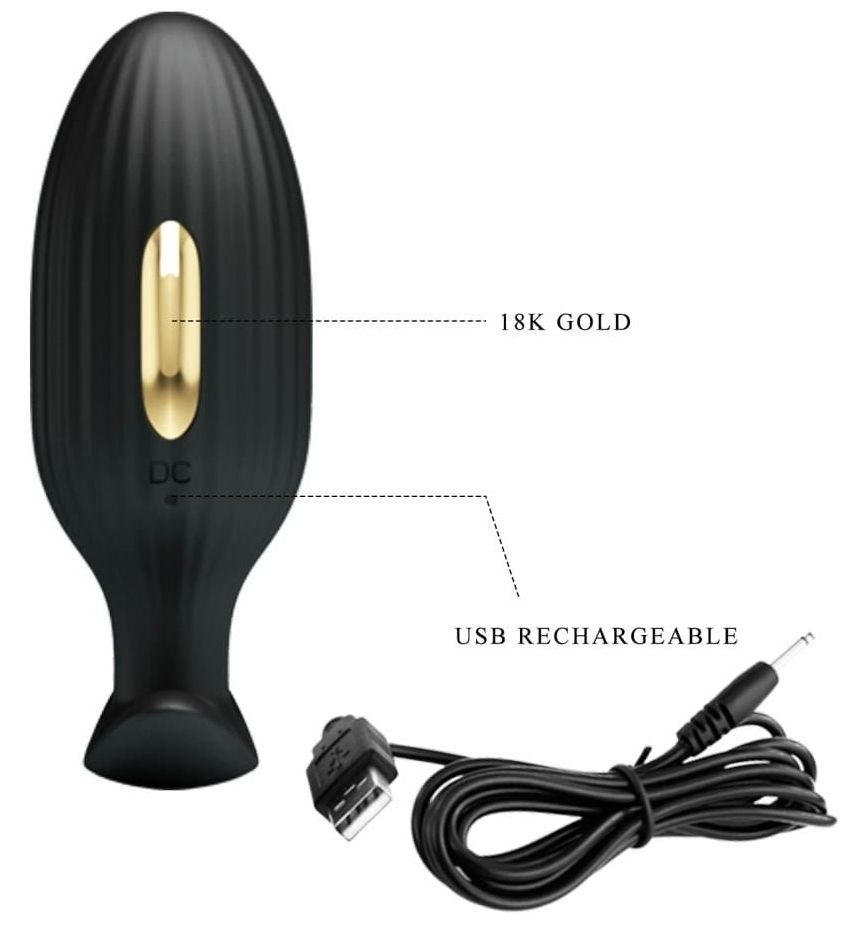 Schwarzer Plug mit goldfarbenem Akzent. USB-Ladekabel. Text: 18K Gold. DC-Anschluss.