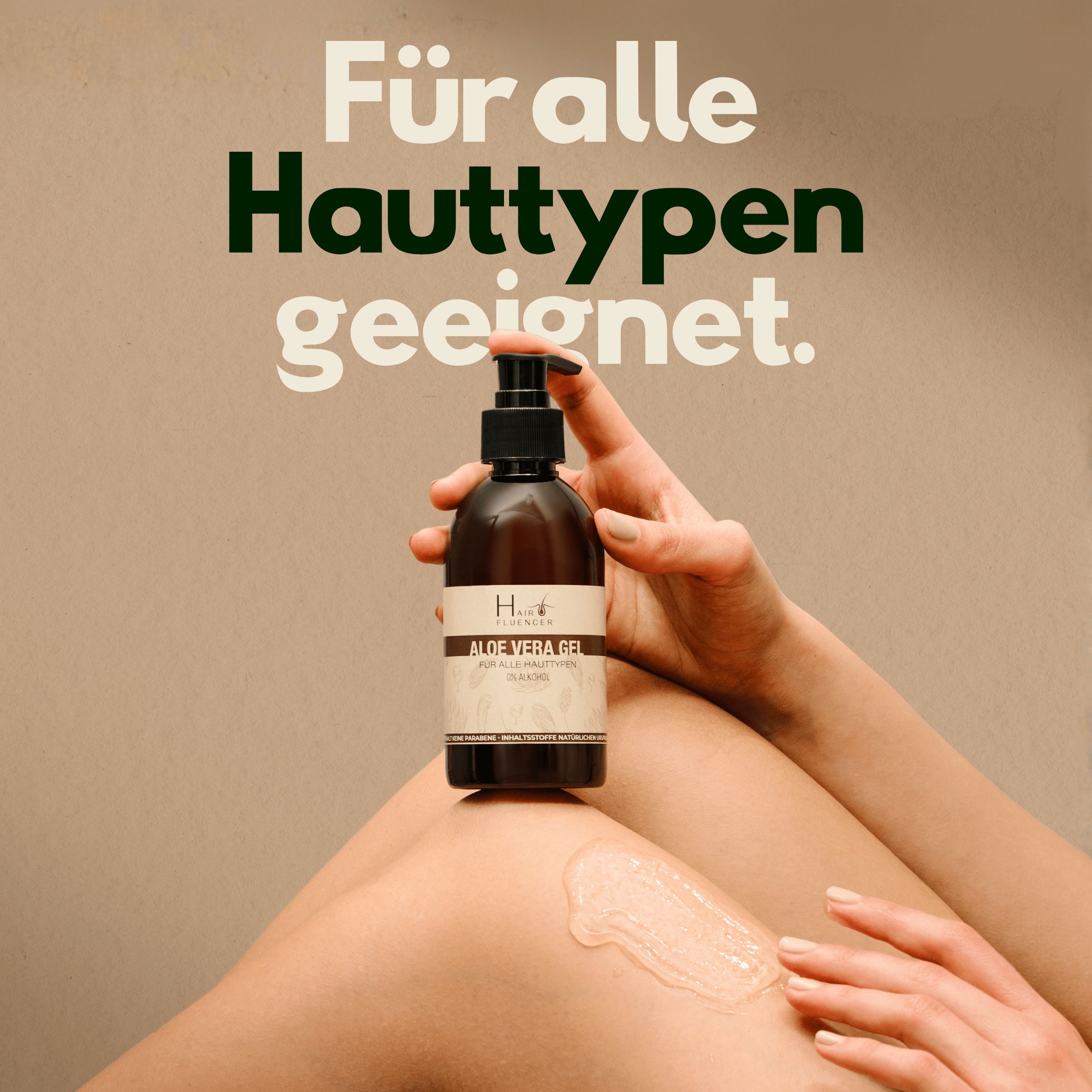 Hand mit Gel auf Bein. Text: Für alle Hauttypen geeignet. Braune Flasche mit schwarzem Pumpkopf.