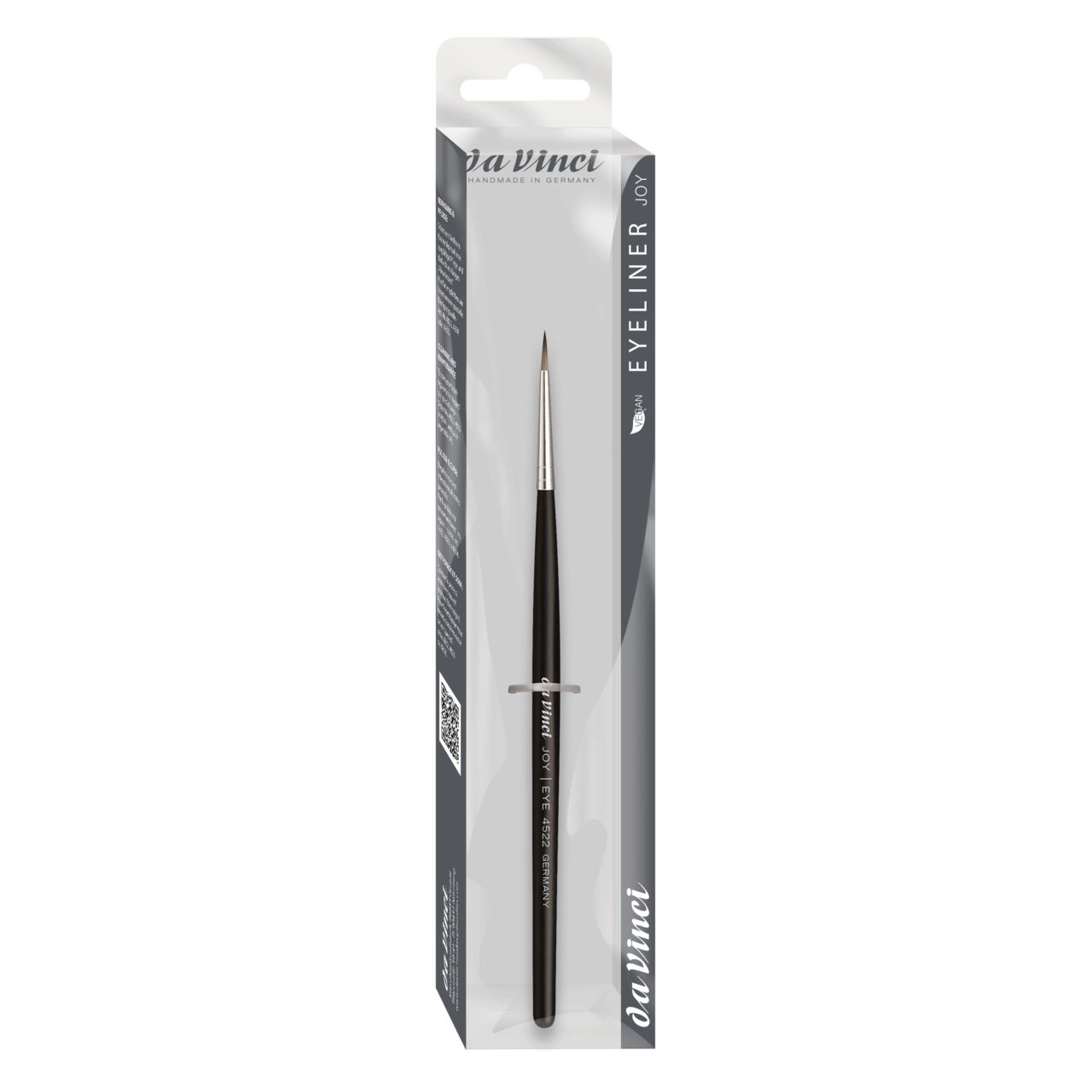 Eyeliner-Pinsel in Verpackung. Schwarzer Griff, silberne Spitze. Verpackung mit Da Vinci-Logo und Produktnamen.