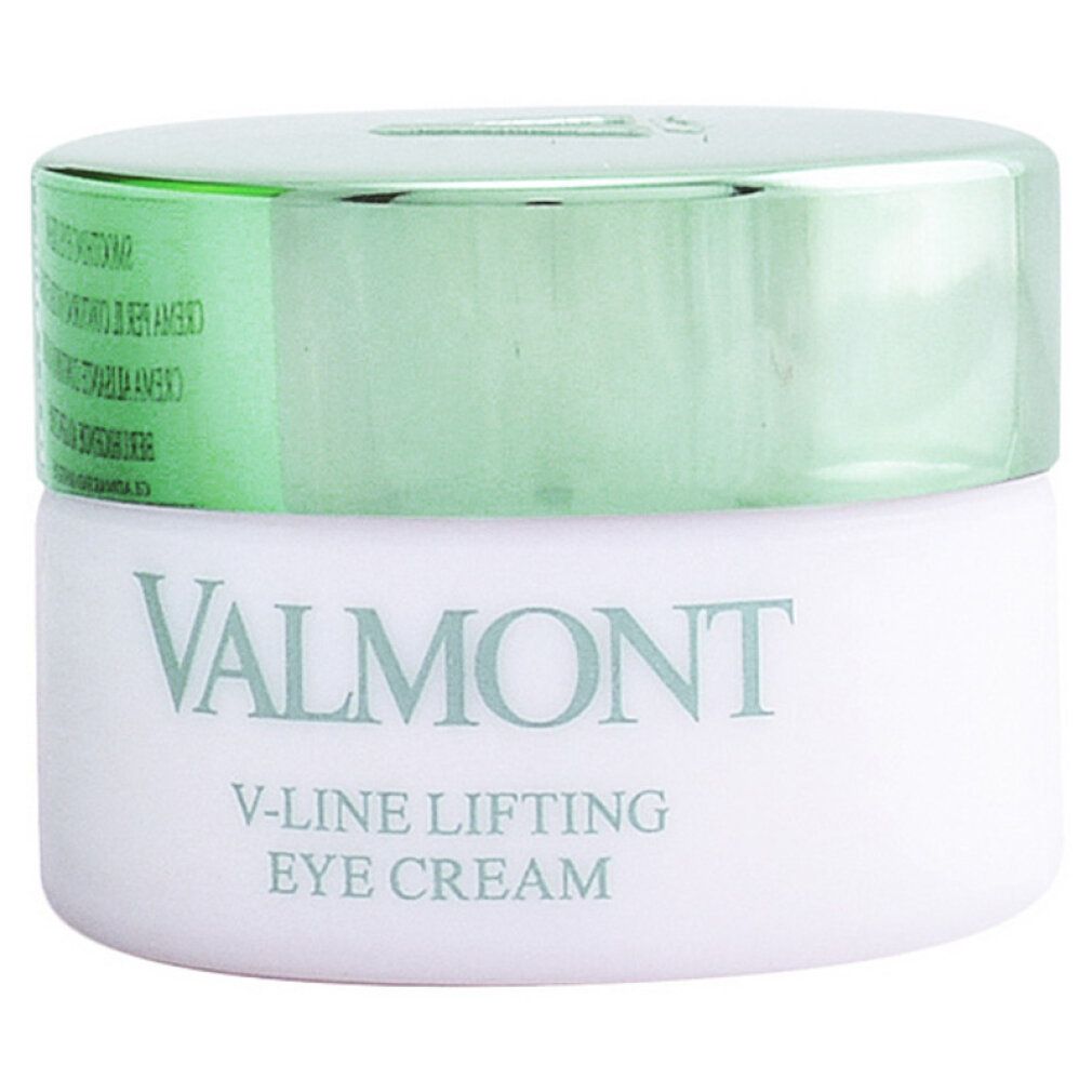 Valmont v-Line Lifting Eye Cream. Weißer Tiegel mit grünem Deckel. Schriftzug.