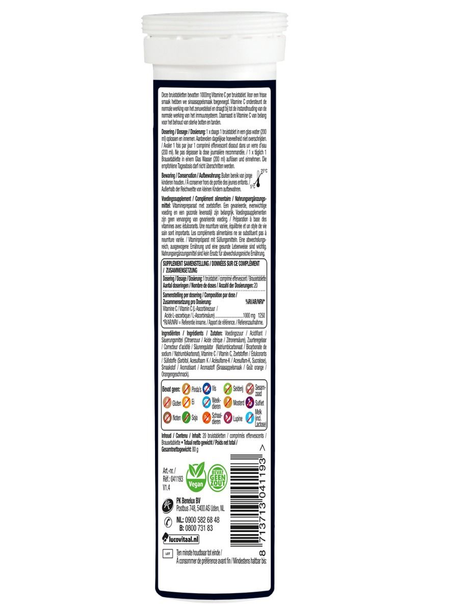 Rückseite einer Röhre mit Brausetabletten, Vitamin C 1000 mg. Enthält Siegel wie Vegan und Bio.