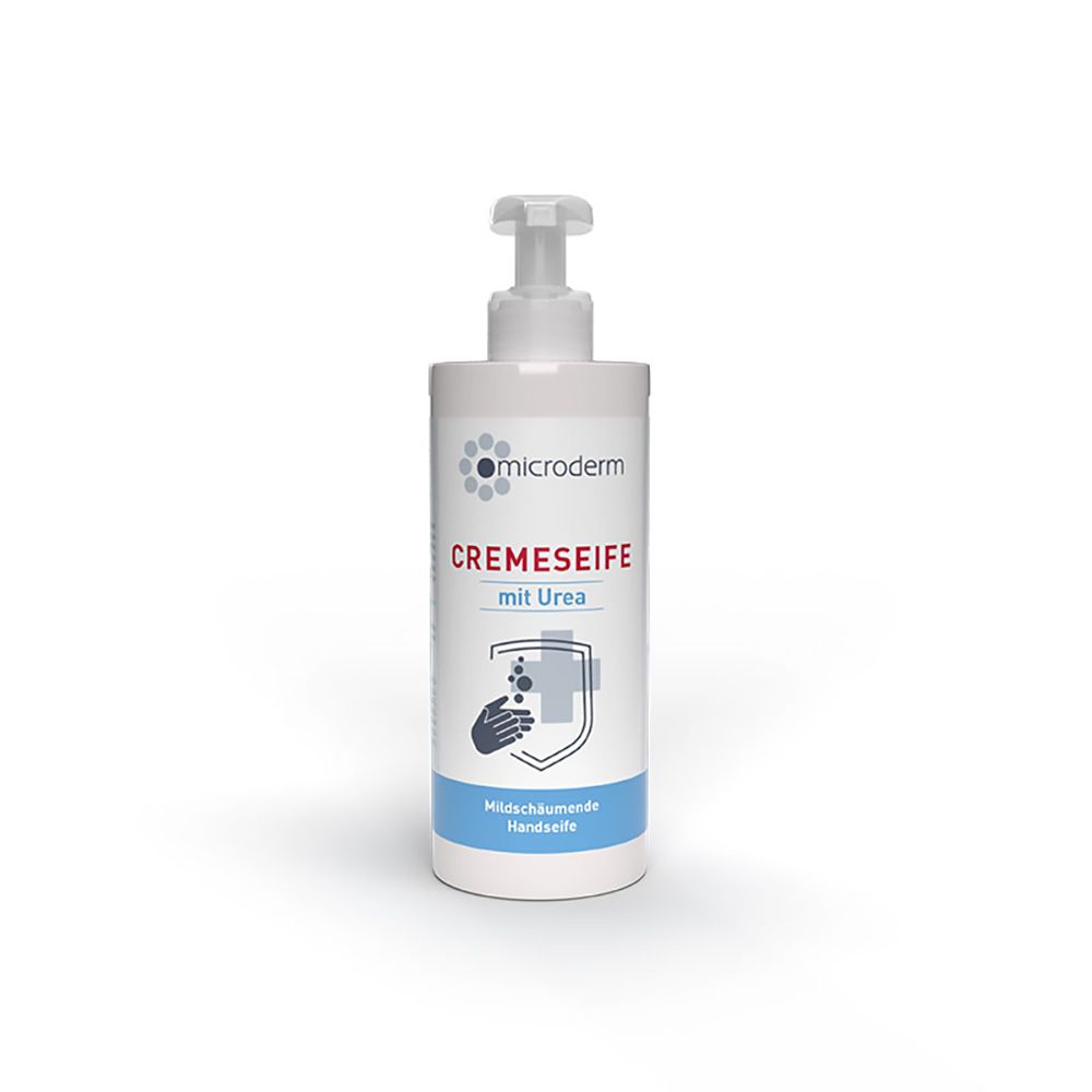 Weiße Flasche mit Pumpverschluss. Aufschrift: microderm CREMESEIFE mit Urea. Blaue und graue Grafik. Milde schäumende Handseife.
