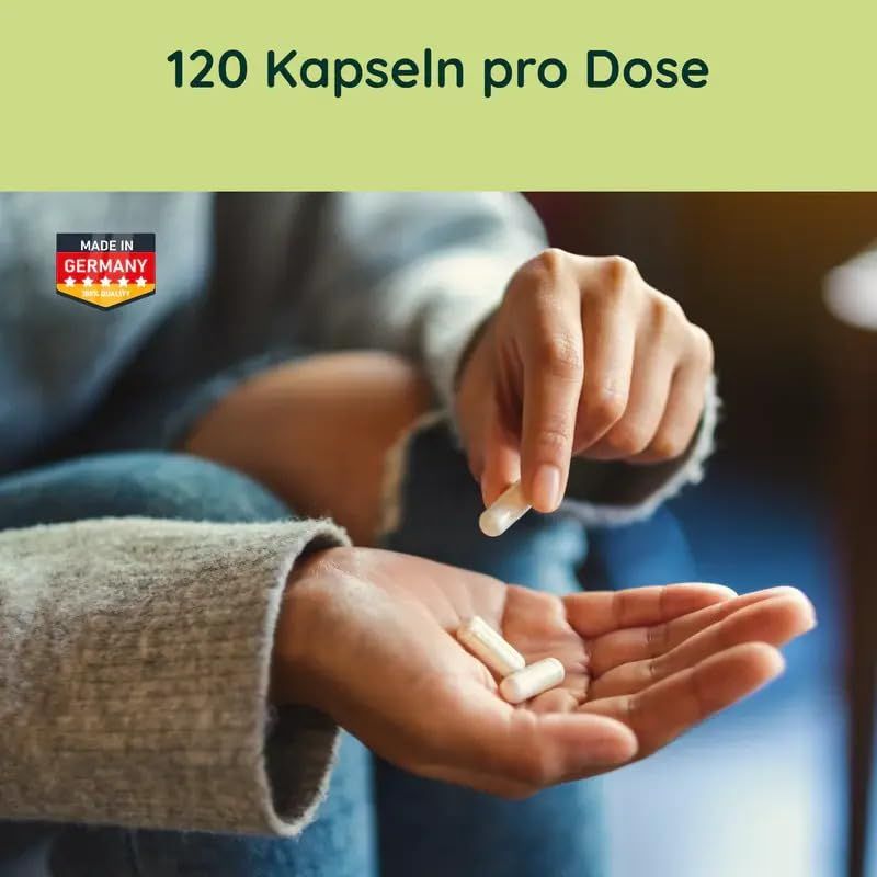 Hände halten Kapseln. 120 Kapseln pro Dose. Made in Germany.