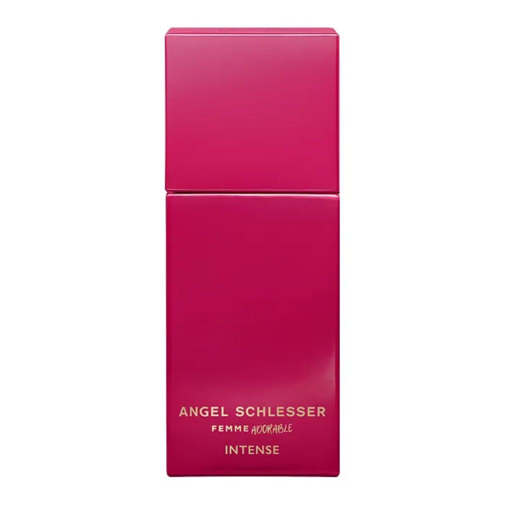 Rosa Parfumflakon mit rechteckiger Form. Aufschrift: Angel Schlesser Femme Adorable Intense.