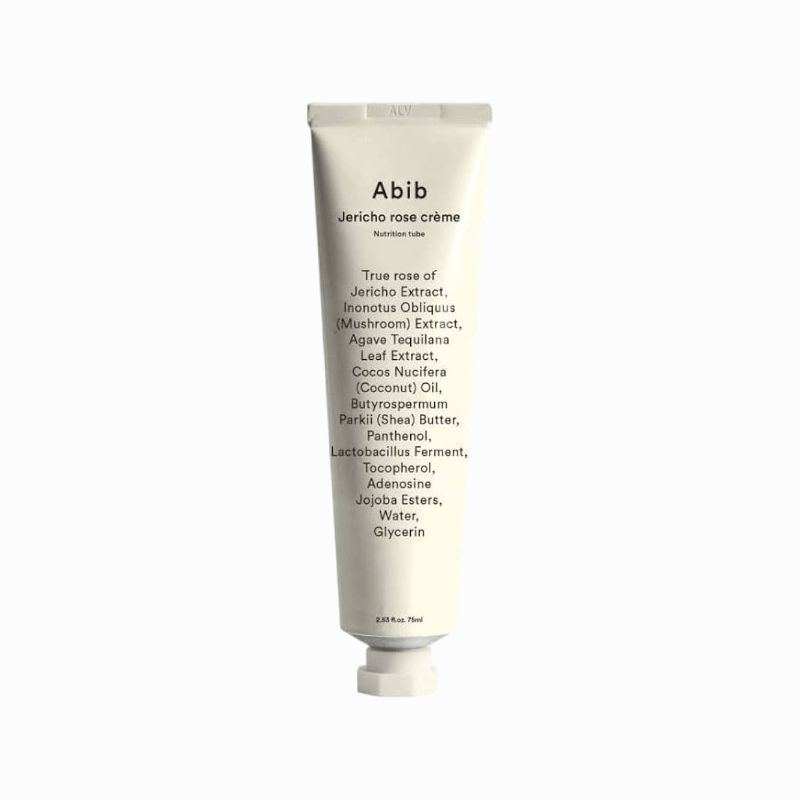 Creme-Tube von Abib Jericho Rose. Weißer Tube mit schwarzer Schrift. Inhaltsstoffe sind aufgeführt. 75 ml.