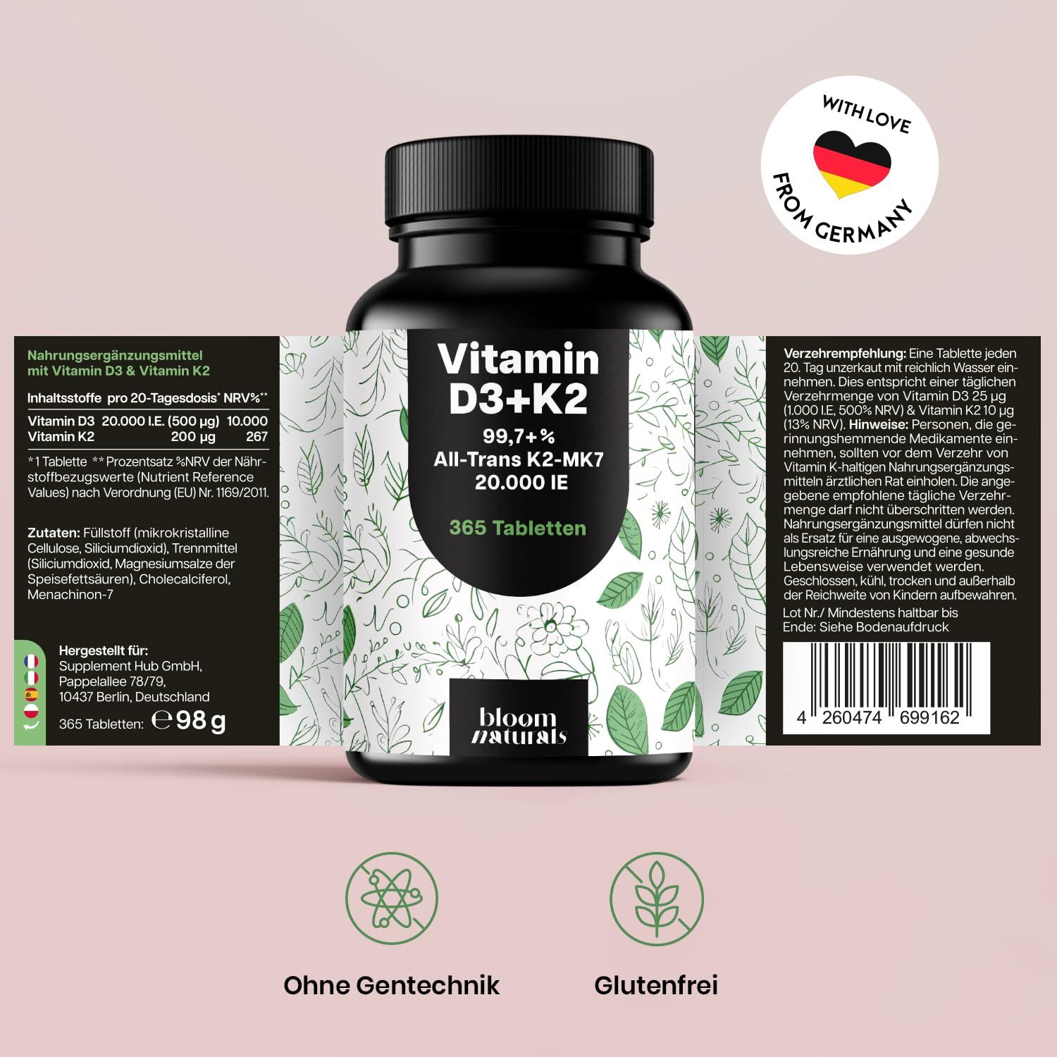 Schwarze Flasche mit Vitamin D3+K2 Tabletten. Text: 365 Tabletten, 20.000 IE, Bloom Naturals. Verpackungsinformationen.