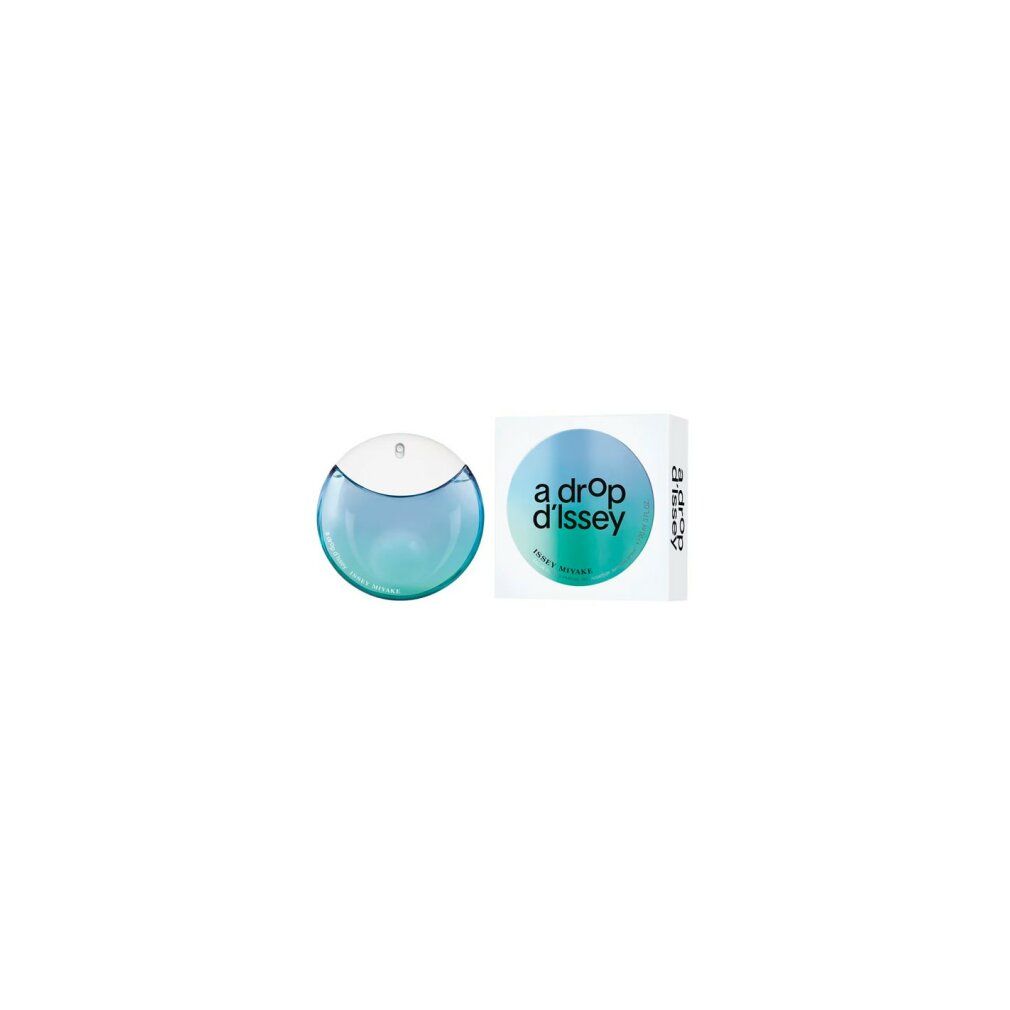 Flakon und Verpackung. Flakon rund, weißer Deckel, blaue Flüssigkeit. Verpackung mit Schriftzug: a drop d'Issey, ISSEY MIYAKE.