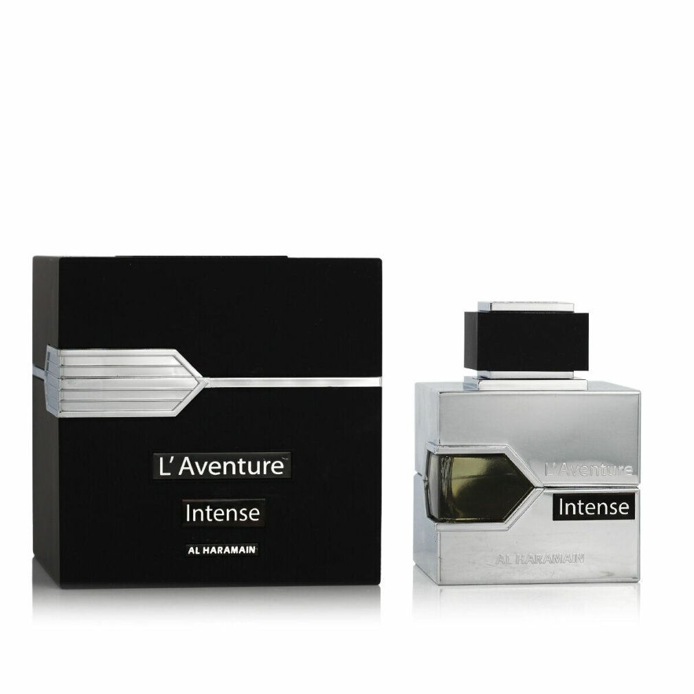 Silberfarbener Flakon und schwarze Verpackung. Aufschrift: L'Aventure Intense. Marke Al Haramain.