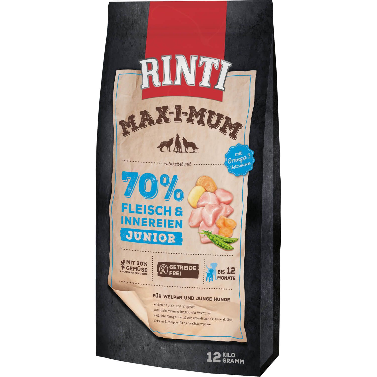 Hundefutterbeutel mit Aufschrift Rinti Max-i-Mum Junior. Enthält 70% Fleisch & Innereien. Mit Omega 3, getreidefrei und bis zu 12 Monate.