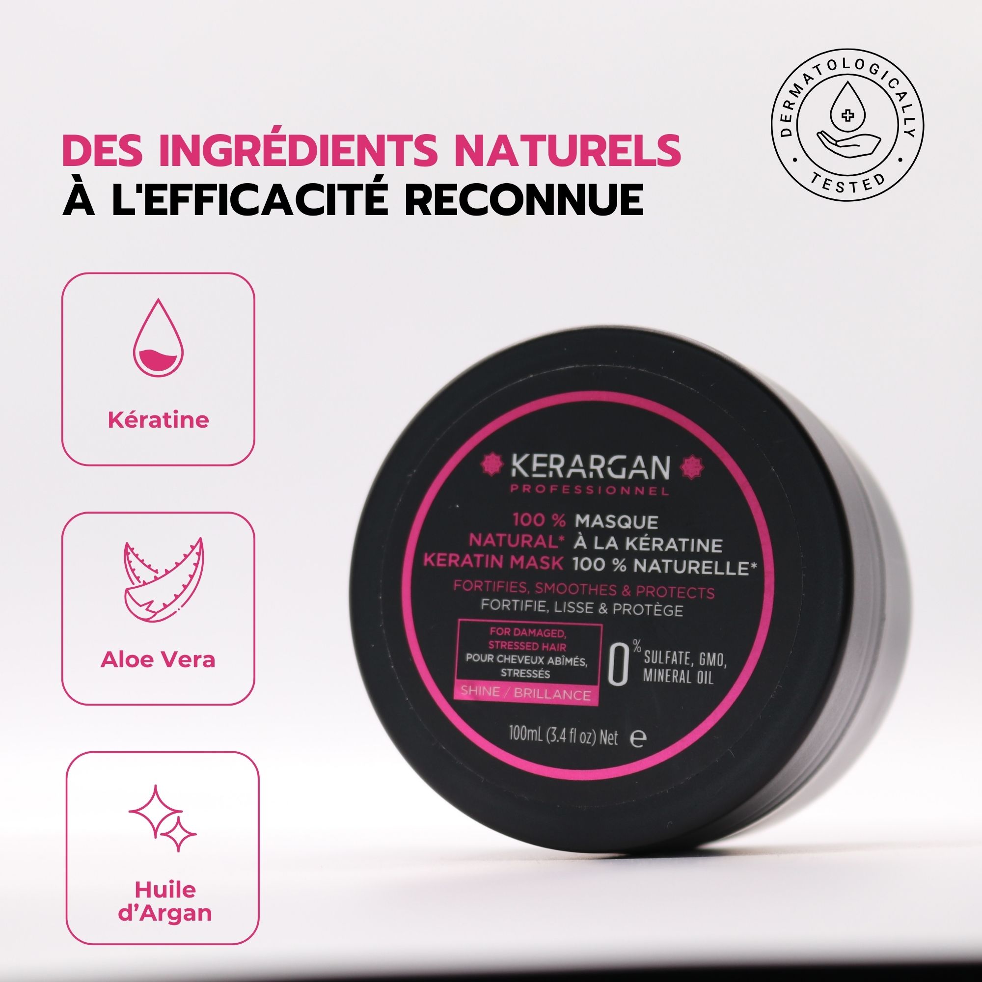 Pot noir avec texte. Ingrédients naturels à l'efficacité reconnue. Kératine, Aloe Vera, Huile d'Argan. Pot sur fond blanc.