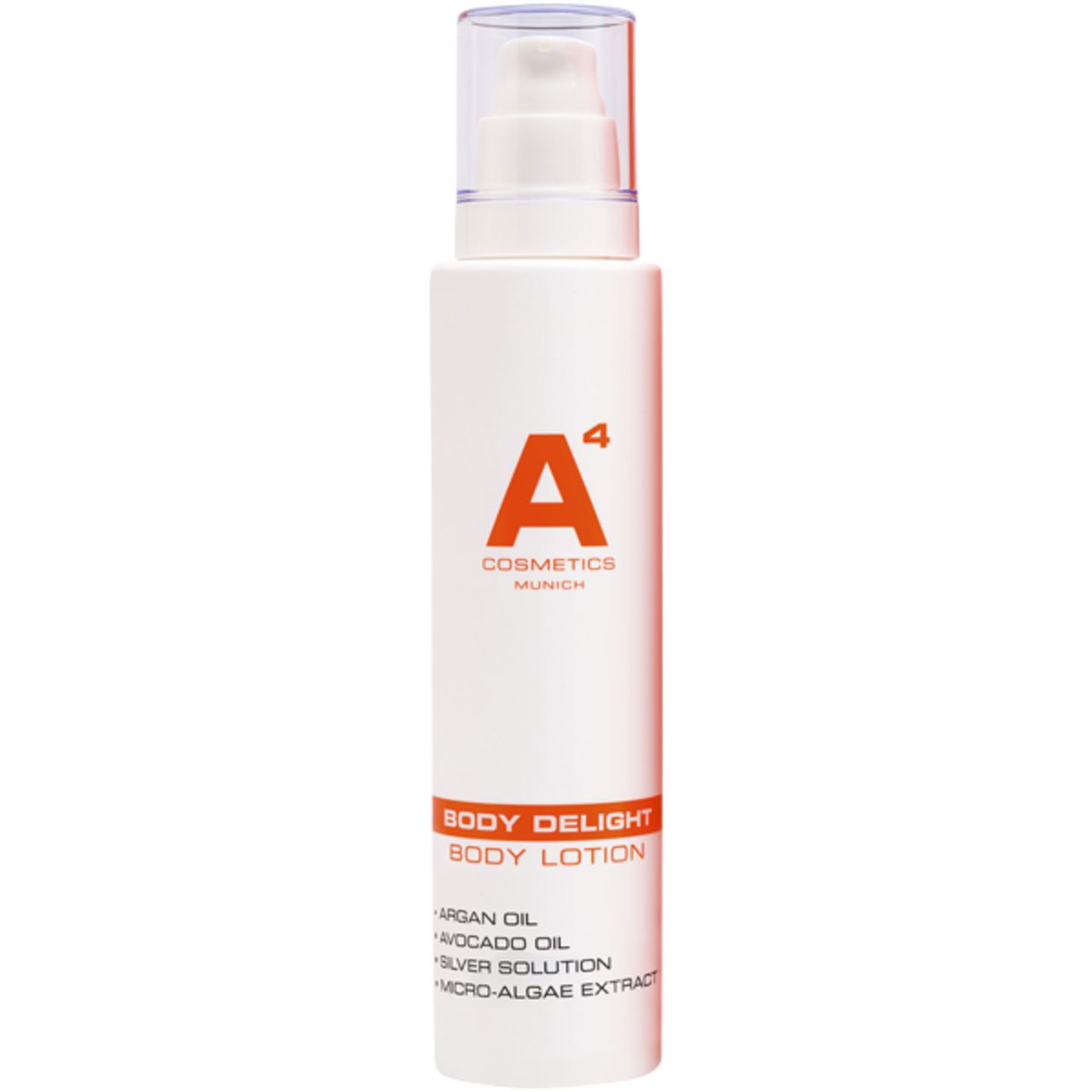 Weiße Lotionflasche mit orangefarbenem Logo und Text. Produktname: Body Delight Body Lotion. Enthält Arganöl, Avocadoöl, Silberlösung.