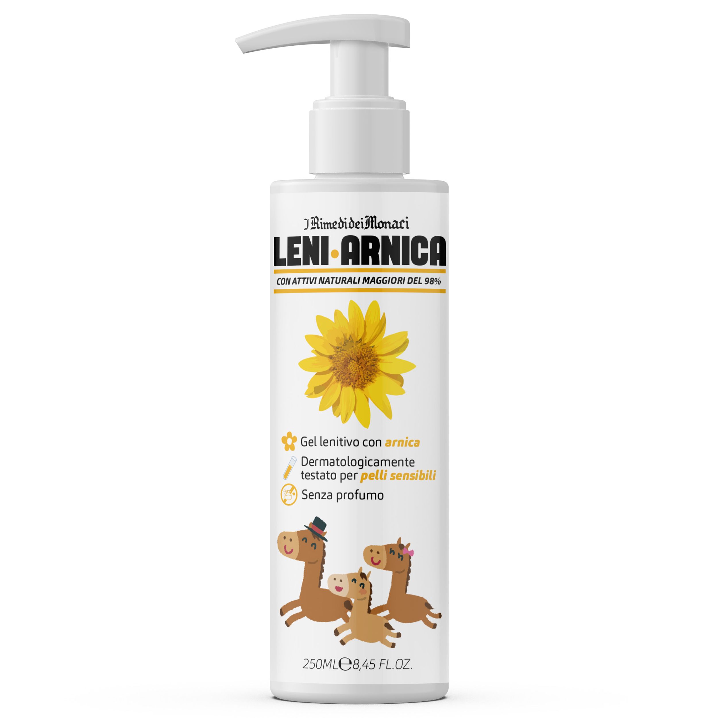 Flasche Leni Arnica. Gel mit Arnika, dermatologisch getestet, für empfindliche Haut. 250ml. Mit Spender.