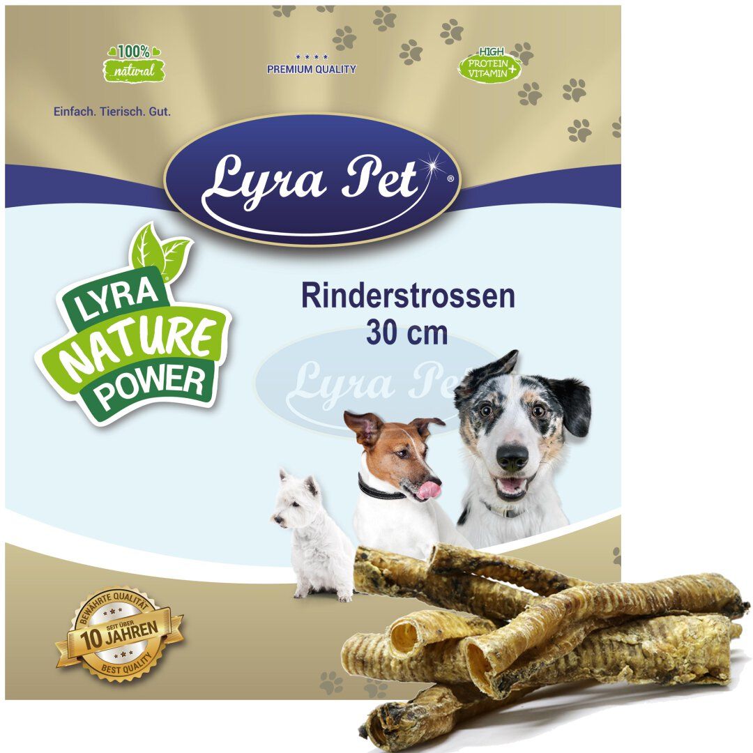Verpackung mit Lyra Pet Rinderstrossen, 30 cm. Hunde abgebildet. Produkt liegt vor der Verpackung.
