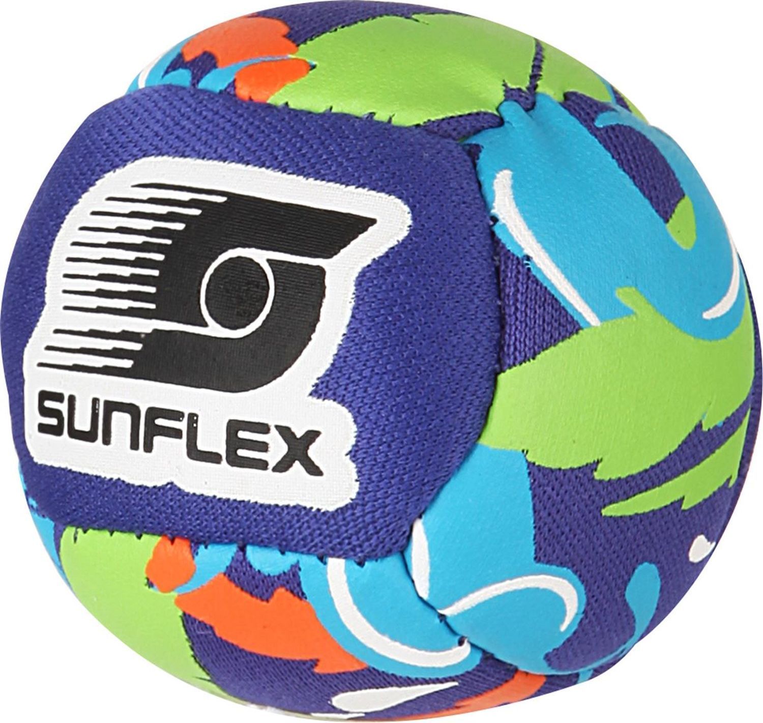 Ein Ball mit blauem Grundmuster und farbigen Flecken in Grün, Orange und Türkis. Das Logo SUNFLEX ist deutlich sichtbar.