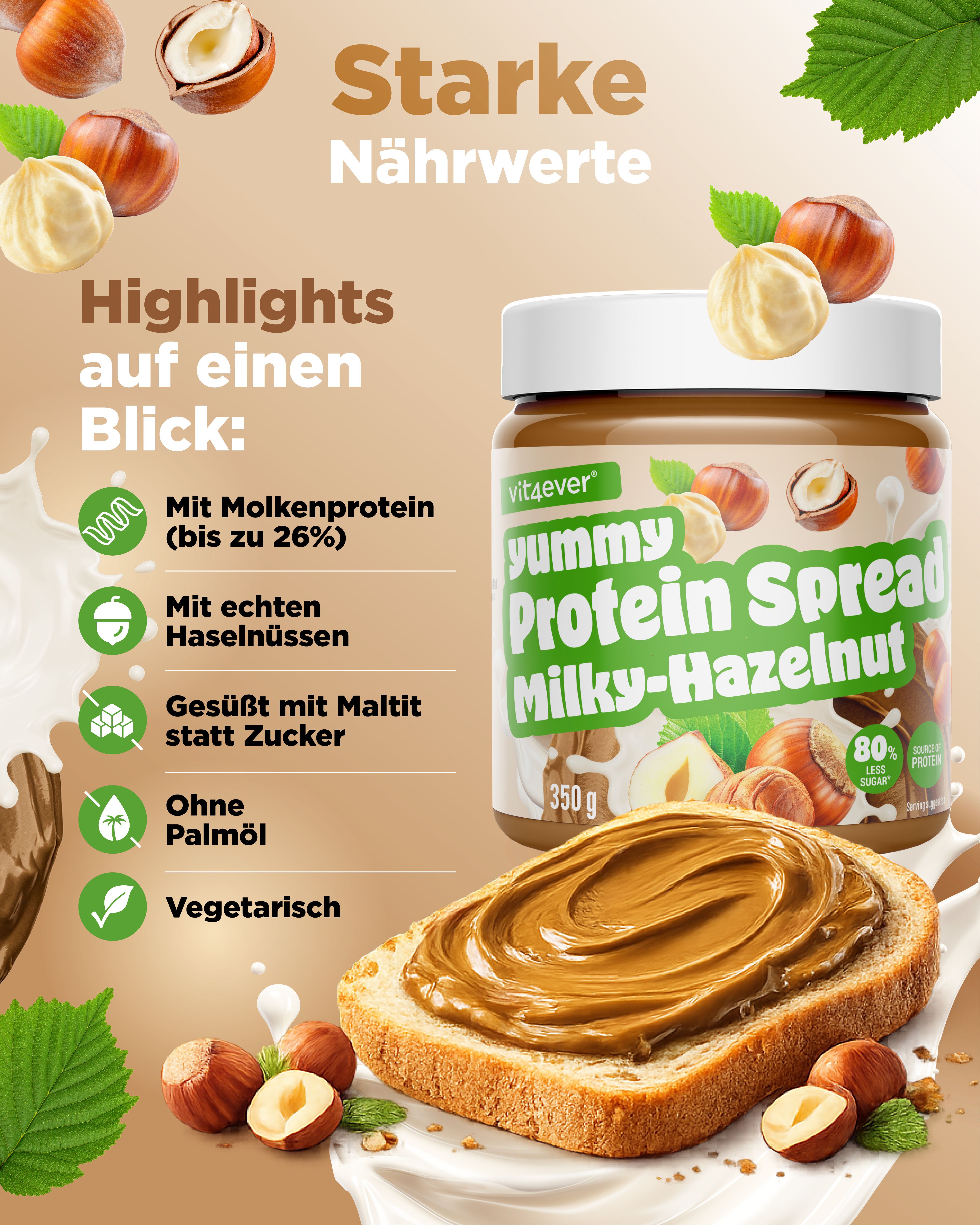 Vit4ever Protein Spread: Starke Nährwerte, mit Molkenprotein, echten Haselnüssen, ohne Palmöl, vegetarisch.