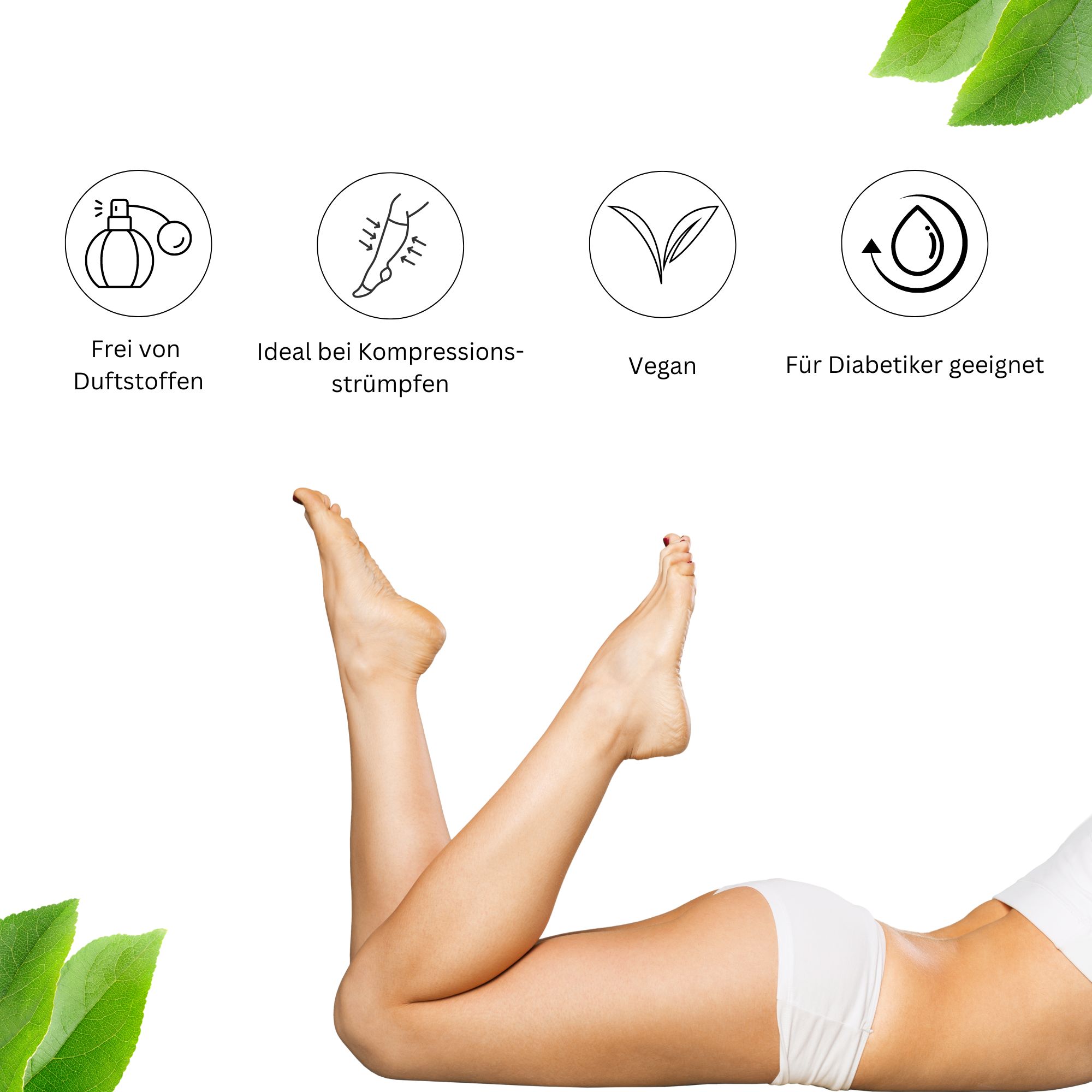 Vier Icons mit Text: "Frei von Duftstoffen", "Ideal bei Kompressionsstrümpfen", "Vegan", "Für Diabetiker geeignet". Untere Bildhälfte: Beine.