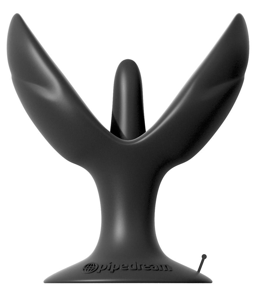 Schwarzes Wellness-Produkt. Form mit zwei Flügeln und einem zentralen Element. Basis mit Logo.