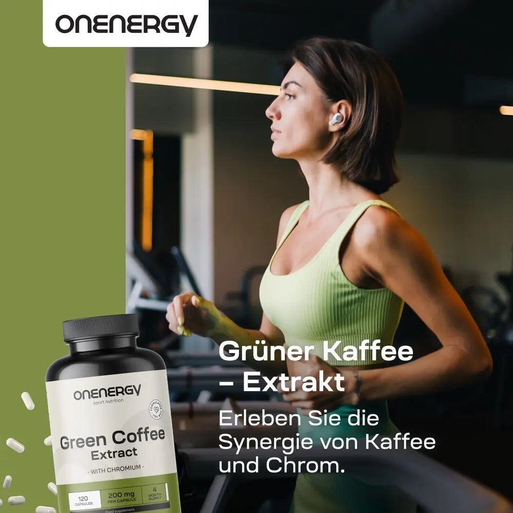 Flasche mit 120 Kapseln OnEnergy Grüner Kaffee Extrakt mit Chrom.