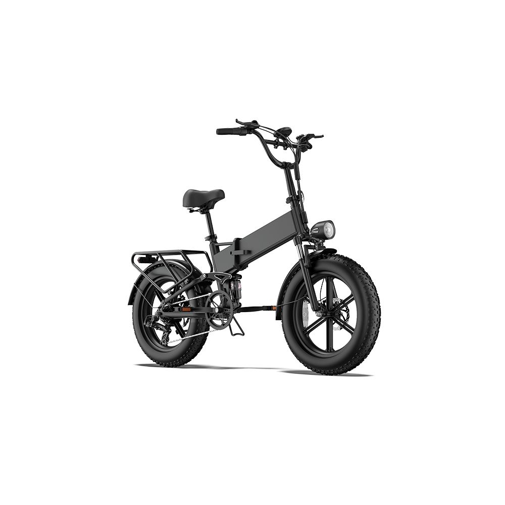 Schwarzes Elektrofahrrad mit breiten Reifen, Gepäckträger und Scheinwerfer. Seitenansicht.