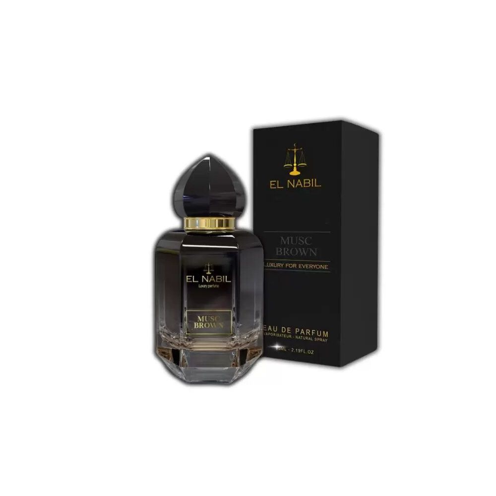 Dunkelbraune Parfumflasche mit goldfarbenem Verschluss und schwarzer Verpackung. Aufschrift: El Nabil, Musc Brown, Eau de Parfum.