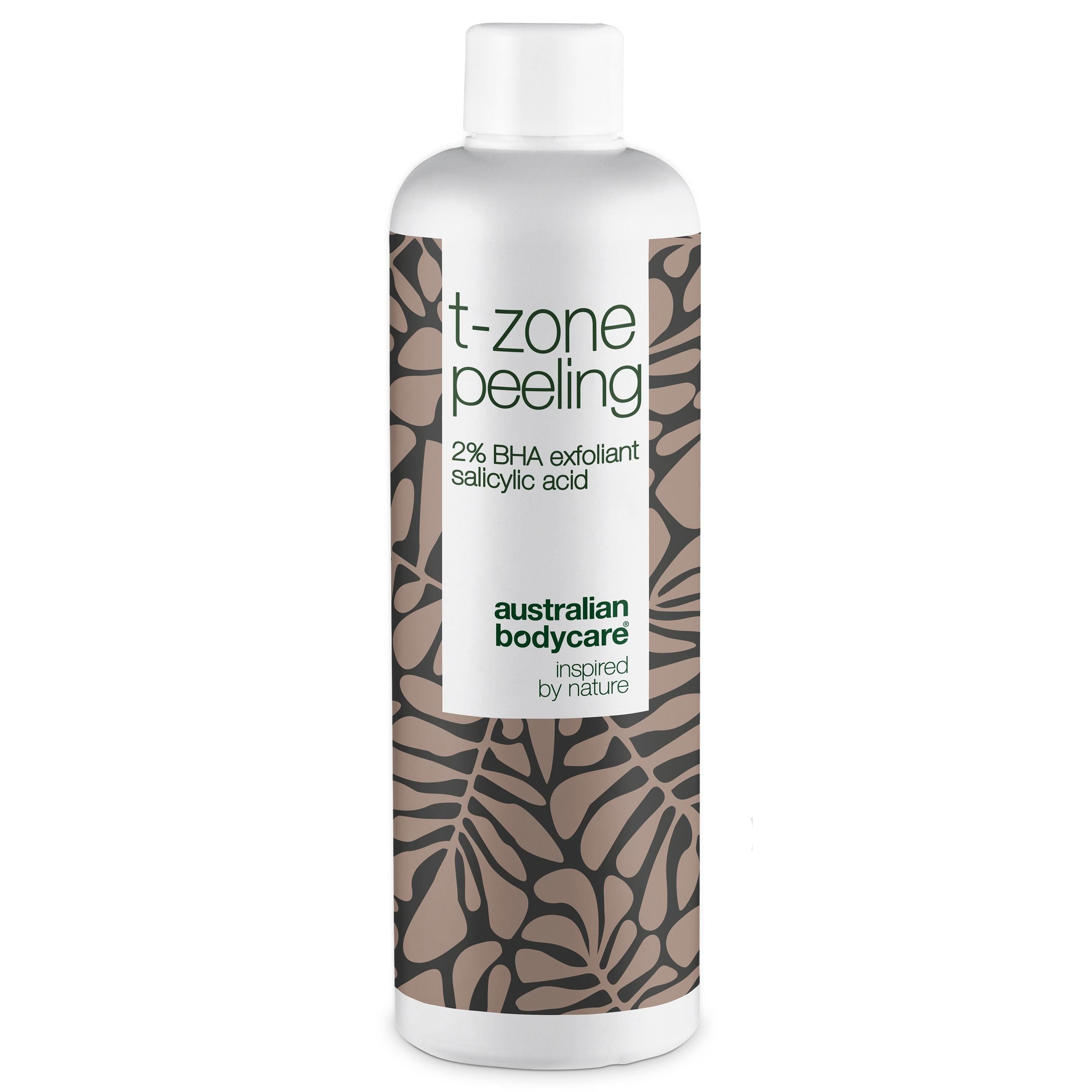 Weiße Flasche mit „t-zone peeling“ und „2% BHA“ Aufschrift. Braunes Muster. Marke: Australian Bodycare.