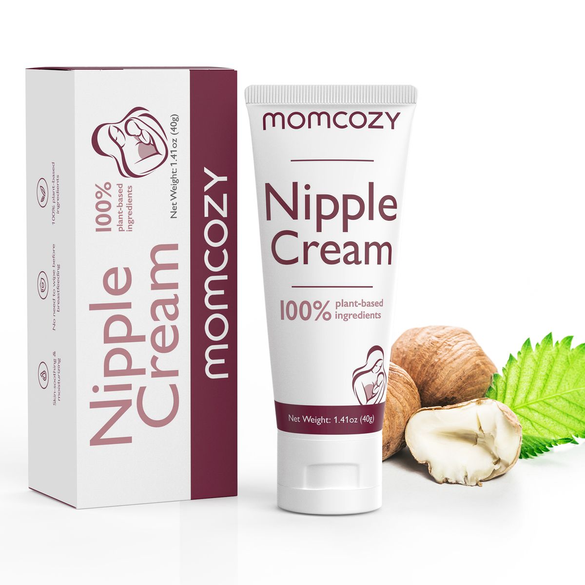 Momcozy Nipple Cream Tube und Schachtel. Aufschrift: Nipple Cream, 100% pflanzliche Inhaltsstoffe. Haselnüsse und Blatt daneben.