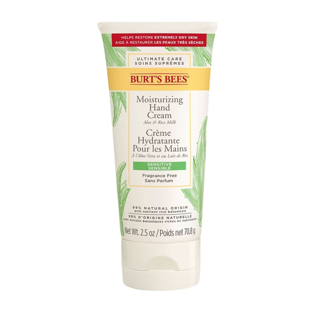 Tube Handcreme. Text: Burt's Bees, Moisturizing Hand Cream, Aloe & Rice Milk. Sensitive. 99% Natural Origin.