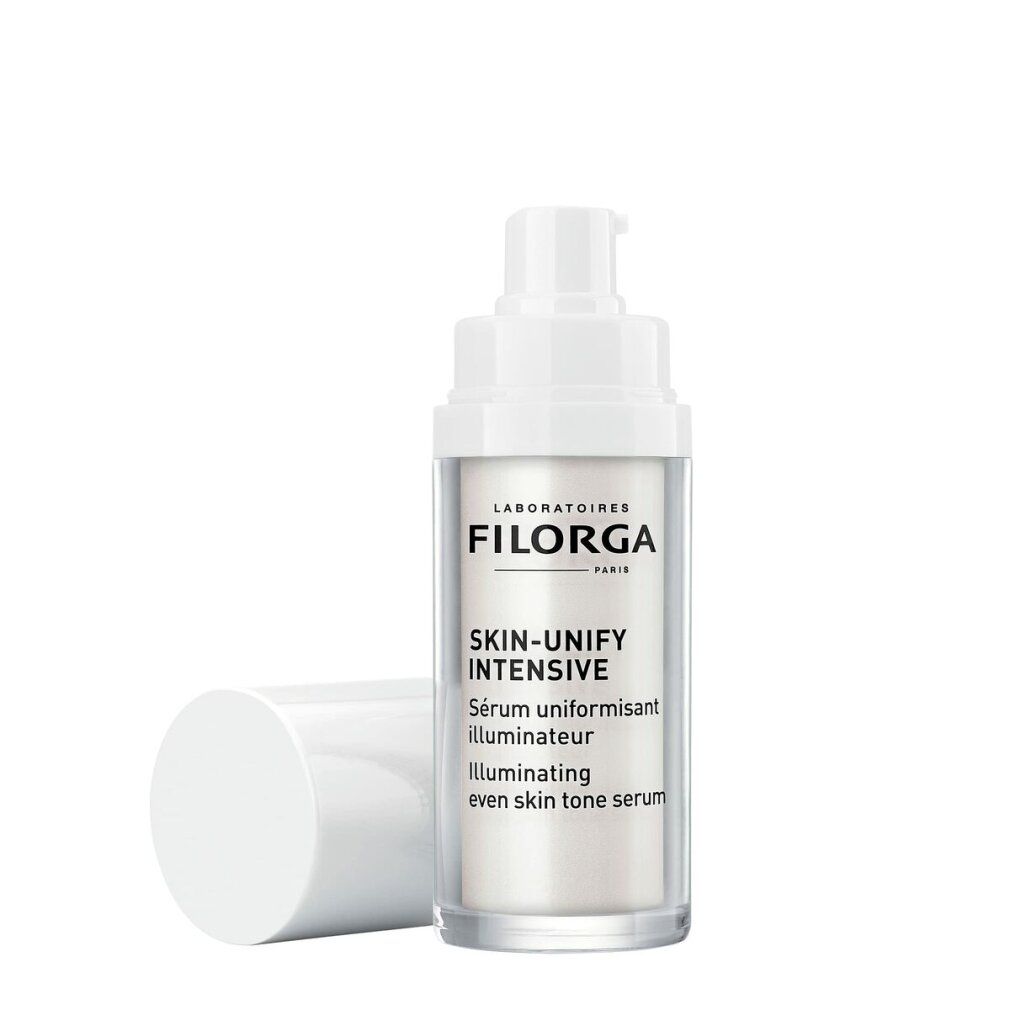 Filorga Skin-Unify Intensive Serum. Weiße Flasche mit Pumpe und Deckel. Text: Skin-Unify Intensive, Serum uniformisant illuminateur.