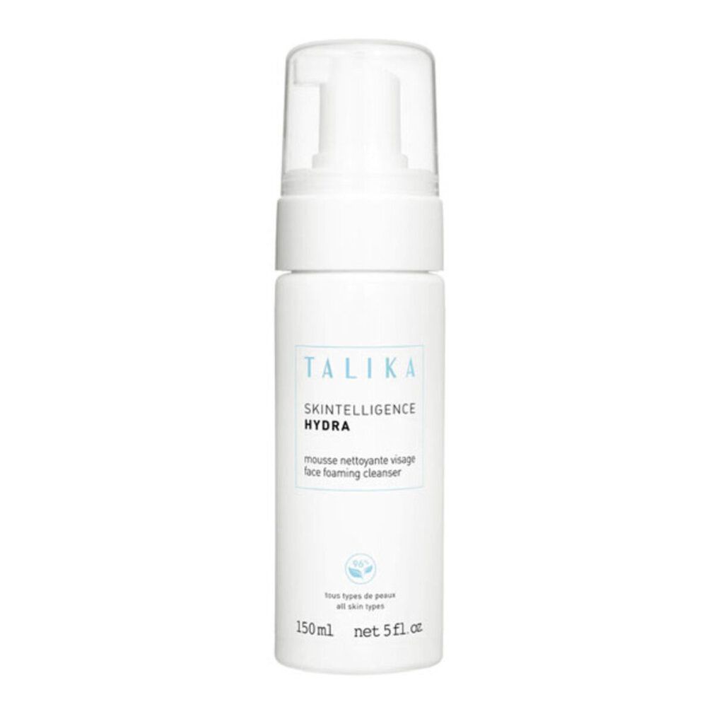 Weißer Flakon mit Pumpe. Aufschrift: Talika, Skintelligence Hydra, Mousse nettoyante visage, face foaming cleanser.